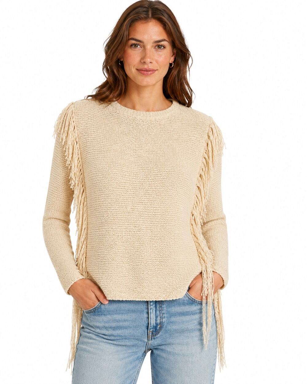 Lauren Ralph Lauren Cream Fringe Oversized Knit Sweater Petite XS